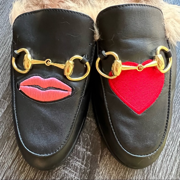 Gucci Princetown Lips and Heart Embroidered Fur Lined Mules US 5 Retail $1050 - Picture 2 of 10